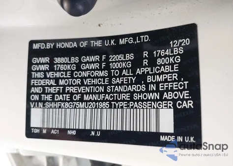 2021 Honda Civic Type R Touring z USA, uszkodzony, nr VIN SHHFK8G75MU201985